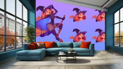 Witch flying on broom, beautiful redhead woman in spooky hat with different face expression cartoon set. Sexy girl in magician costume, Halloween character smile, surprised emoji, vector illustration Wall mural