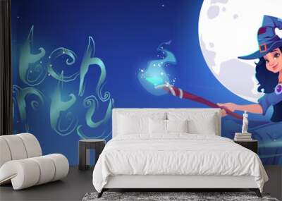 Witch party cartoon vector banner, beautiful woman in magician hat an dress flying on broom in night sky with moon. Invitation to Halloween celebration, sexy enchantress character in costume Wall mural