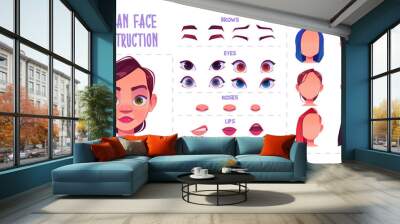 Woman face construction, avatar creation with different head parts isolated on white background. Vector cartoon set of female character eyes, noses, brows and lips. Skin pack for face generator Wall mural