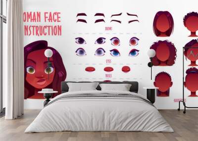 Woman face constructor, avatar of african american female character creation dark skin heads, hairstyle, nose, eyes with eyebrows and lips. Isolated facial elements for construction cartoon vector set Wall mural