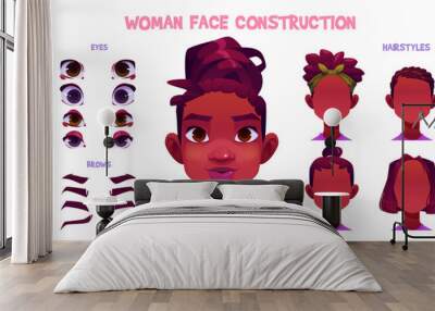 Woman face constructor, avatar of african american female character creation dark skin heads, hairstyle, nose, eyes with eyebrows and lips. Isolated facial elements for construction cartoon vector set Wall mural