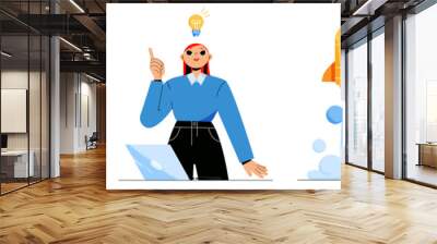 Woman have idea of boost business in economic crisis. Vector flat illustrations of entrepreneur with laptop, down graph, light bulb and rocket. Concept of start up, creative solution, success strategy Wall mural