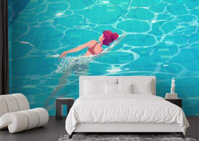 Woman swimming in pool top view, young sexy girl relaxing in spa gushing through blue clear water over tiled floor. Slim female character in bikini wellness, swim exercises Cartoon vector illustration Wall mural