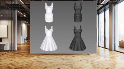 Women cocktail and sheath dresses in front and back view. Vector realistic 3d mockup of black and white girls evening gown with short skirt and sweetheart neckline isolated on background Wall mural