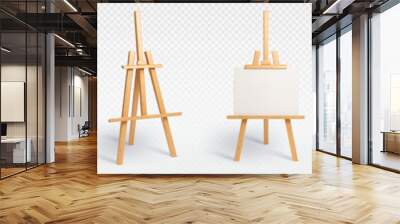 Wood easel stand with art board isolated vector mockup. 3d painter canvas tripod for display artist drawing in gallery exhibition. Whiteboard object for creative studio class realistic equipment set Wall mural