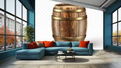 Wooden barrel for wine or beer. Cask from oak wood with copper or iron rings. Vector realistic keg for whiskey, rum or cognac isolated on transparent background Wall mural