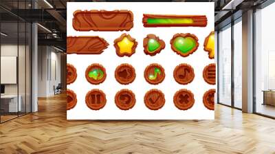 Wooden game ui design elements for videogame menu. Cartoon vector illustration set of wood texture plates with empty space for text, buttons, progress bar and achievement icon. Brown interface frame. Wall mural