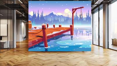 Wooden pier on winter lake, pond or river landscape, wharf with ropes, lantern, barrel and sacks on mountains background with clouds, spruces and snowflakes fall on water. Cartoon vector illustration Wall mural