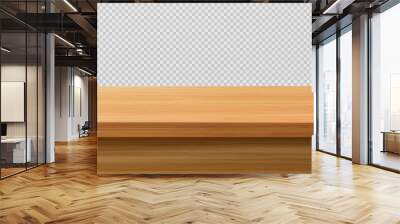 Wooden table foreground, tabletop front view, brown rustic countertop of wood surface. Retro dining desk or plank texture isolated on transparent background, realistic 3d vector mock up Wall mural