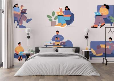 Work from home, set of people with laptops. Freelance, self-employment concept. Freelancers or outsourced remote workers with computers sit at desk or sofa in room, Line art flat vector illustration Wall mural