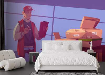 Worker in warehouse controls orders logistic and shipping. Vector cartoon illustration of storage room with man in uniform with clipboard and open cardboard boxes on table Wall mural