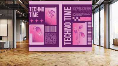 Y2k poster or cover design with bright pink flowers and text frame on purple background. Vector illustration of vertical banners template with elements in 2000s retro style. Trendy flyer composition. Wall mural