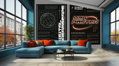 Y2k style techno banners set. Vector realistic illustration of retrowave aesthetic posters with orange text, sine wave lines and wireframe globe on black background, retro futuristic vibe flyers Wall mural