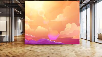 Yellow and pink gradient sky on sunset or sunrise with fluffy clouds in anime style. Cartoon vector illustration of beautiful cloudy landscape scene. Comic manga outdoor evening horizon scenery. Wall mural