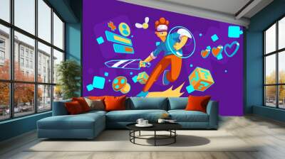 Young man enjoying vr gaming experience. Contemporary vector illustration of teen character in virtual reality headset, playing with digital sword and shield. Modern technology for leisure activity Wall mural