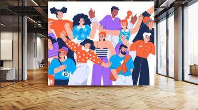 Young people crowd, group of friends, students community or team. Diverse stylish characters, happy men and women in different poses isolated on white background, vector hand drawn illustration Wall mural