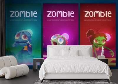 Zombie posters with creepy undead characters. Vector banners of scary monsters with cartoon illustration of night landscape with angry dead woman and men with dangling arms Wall mural