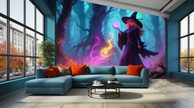 A vibrant, colorful scene of a witch casting a spell in the middle of a dark enchanted forest. Halloween concept Wall mural