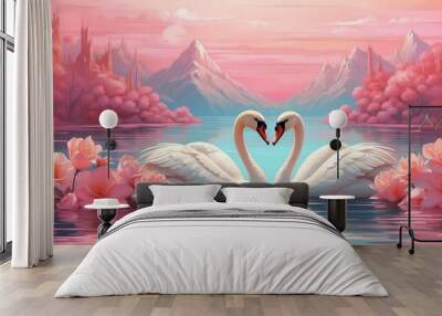 Couple of swan creating a heart shape on romantic valentines background. Valentine's day greeting card, in love Wall mural