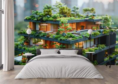 Eco-friendly plants and buildings with vertical gardens in the modern city. Skyscraper covered in greenery Wall mural