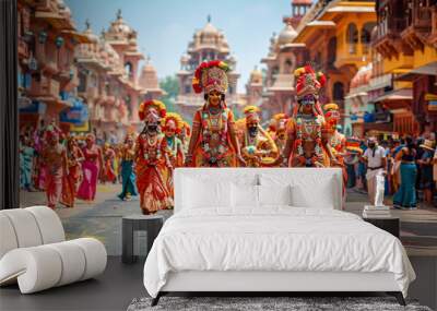 Kathakali dancers walk during the festival. Indian classical dance of Kerala Wall mural