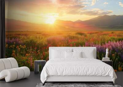 Golden sunrise casting light over a field of purple, red, and yellow flowers with mountains in the background. Wall mural