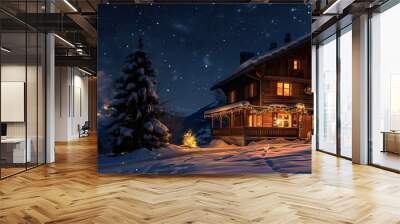 Traditional Swiss Chalet with a Christmas Wreath Under a Starry Sky Wall mural