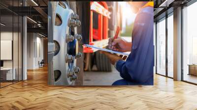 Preforming a pre-trip inspection on a truck,Concept preventive maintenance truck checklist,Truck driver holding clipboard with checking of truck,spot focus. Wall mural