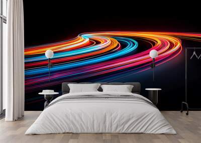 Vibrant neon trails create dynamic motion blur against dark background, evoking sense of speed and energy. colorful light streaks form captivating abstract pattern Wall mural