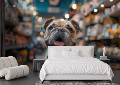 Happy bulldog explores an array of vibrant toys in a store, showcasing its playful spirit and excitement in a delightful shopping environment Wall mural