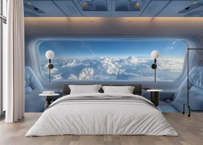 Panoramic view from the expansive window of a hypersonic airliner, fluffy white clouds with a bright blue sky above. Sleek interior of the aircraft, with two comfortable seats on either side Wall mural