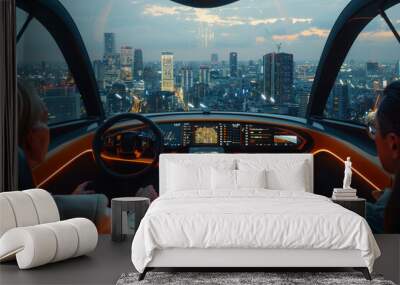 View from the inside of a modern innovative flying taxi car, female driver navigates the bustling city skyline with a male passenger Wall mural