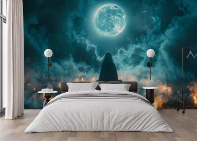 Witch engages in an ancient ritual beneath the luminous full moon, surrounded by flickering candles. Ethereal clouds swirl around her as she connects with the mystical energies of the night Wall mural