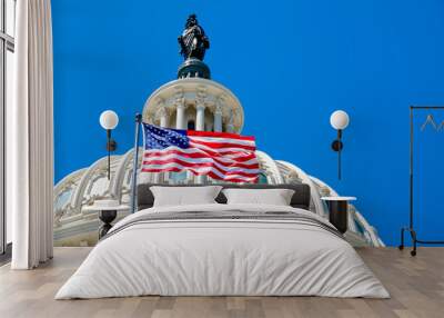 American flag waving in front of the Capitol in Washington D.C. Wall mural