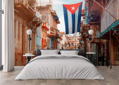 Cuban flags, people and aged buildings in Old Havana Wall mural