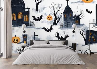 Halloween themed illustration with various symbols related to the holiday - seamless tiles Wall mural