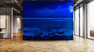 Night scene in a deserted beach with a crescent moon Wall mural