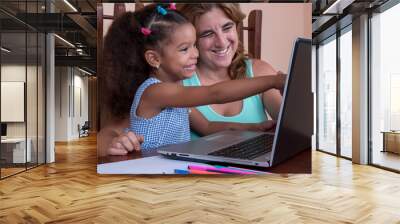 small multiracial girl and her mother working on a laptop comput Wall mural