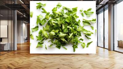 A Top View Of Parsley Diced into Pieces for Garnish against a White Background Wall mural