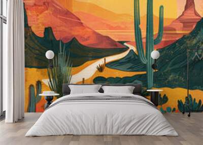 A desert landscape with a road and a bird walking on it Wall mural