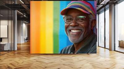 A man with glasses and a smile is standing in front of a colorful wall. African American Gay Pride Concept. Wall mural