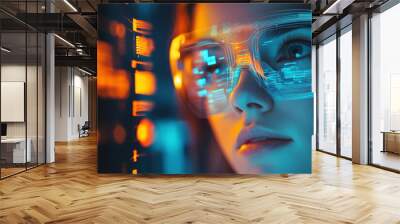 A woman is looking at a futuristic computer screen with a blue background and orange. Concept of technology and innovation, as the woman is wearing glasses and he is focused on the screen Wall mural