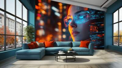 A woman is looking at a futuristic computer screen with a blue background and orange. Concept of technology and innovation, as the woman is wearing glasses and he is focused on the screen Wall mural