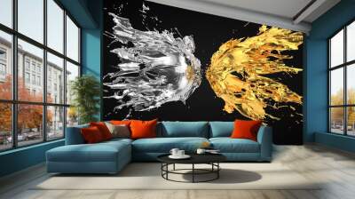 silver and golden fluid splash on black background. 3d illustration Wall mural