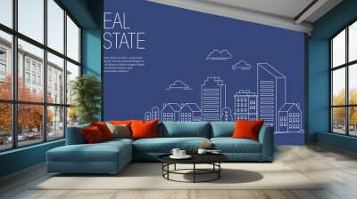 Vector illustration of cityscape with linear line style. Suitable for design element of real estate poster, modern city promotional background, and urban landscape illustration.  Wall mural