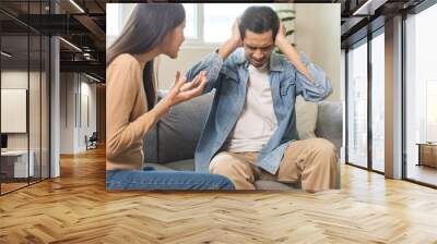 Breakup and depressed, asian young quarrel couple love fight relationship in trouble. Different people are emotion angry. Argue wife has expression upset with husband. Problem of family people. Wall mural