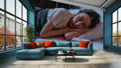 Sad worried and stressed, asian young beautiful, pretty woman, girl suffering from insomnia, awake in the night in bedroom, tired and exhausted. Frustrated people with problem, exhausted on nightmares Wall mural