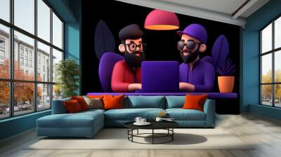 3D Collaboration: Two 3D rendered characters, stylishly dressed in a contemporary setting, collaborate on a laptop, symbolizing modern teamwork and creative partnerships.   Wall mural