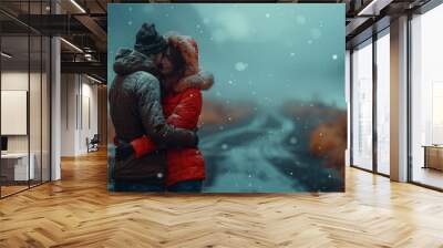 A couple sharing a warm embrace in a snowy landscape, wearing vibrant winter clothes, capturing a moment of love in a cold setting. Wall mural