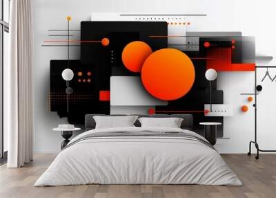 Abstract Tech Background: A bold and dynamic abstract graphic design featuring intersecting geometric shapes in black, white, and orange. The design evokes a sense of energy and movement. Wall mural